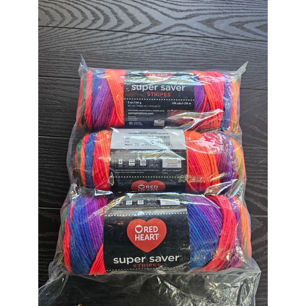 Red Heart Super Saver Stripes Favorite Stripe 4965 Yarn 3 Skeins Lot Rainbow